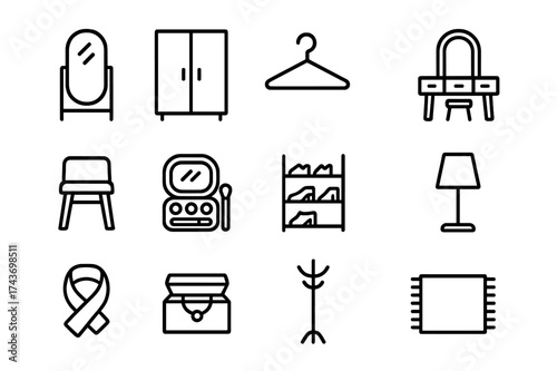 Dressing Room Icons. Dressing room. Line icon set of Dressing room: full-length mirror, wardrobe, clothes hanger, dressing table, stool, makeup kit, shoe rack,