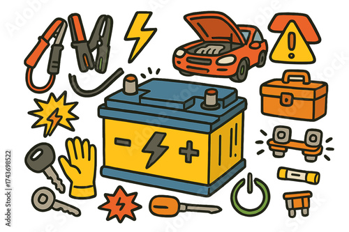 Colorful Car Battery Doodle. Car Battery. Colorful Hand-drawn doodle Children illustration Car Battery car battery, jumper cables, red clamp, black clamp,