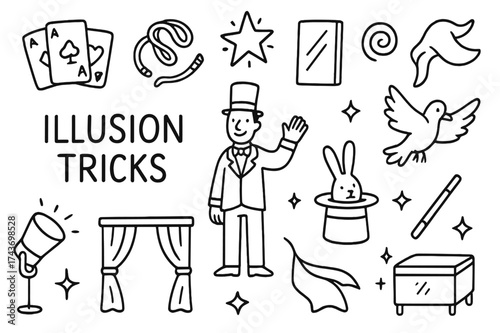 Magician's Toolkit Doodles. Illusion Tricks. Hand-drawn doodle illustration Illusion Tricks magician figure, cards, rope, box, wand, star, mirror, spiral,