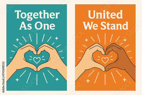 Unity Hands Banners. Unity. Two vertical A6 banners, flat vector design, turquoise and orange backgrounds, two hands forming a single heart with radiant rays