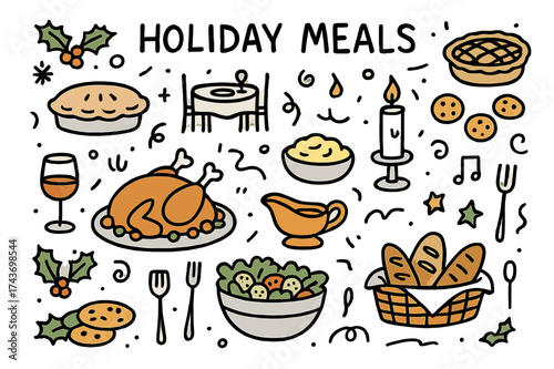 Festive Holiday Feast. Holiday Meals. Hand-drawn doodle illustration turkey (colored), mashed potatoes, gravy boat (colored), festive table, candles (colored),