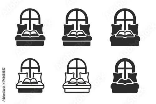 Reading Nook Logos. Setting up a reading nook with comfortable seating. Set Logo of window seat: cushions on a bench with book. harmonious logo variations of
