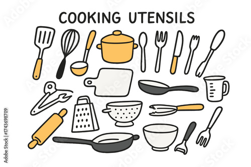 Doodle Kitchen Tools. Cooking Utensils. Hand-drawn doodle illustration cooking utensils spatula (accented), whisk, ladle (accented), spoon, fork, knife