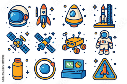 Cosmonautics Icon Set. Cosmonautics. Colorful isometric vector icons set of Cosmonautics: cosmonaut helmet, rocket, space capsule, launch pad, satellite, space