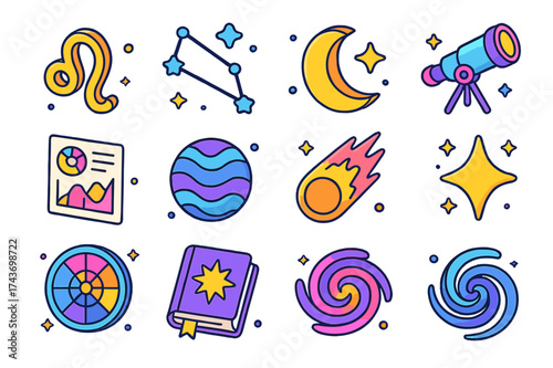 Astrology Icon Set. Astrology. Colorful isometric vector icons set of astrology: zodiac sign, constellation, glowing star, crescent moon, telescope, chart,