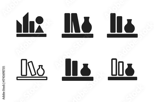 Minimalist Shelf Logos. Interior design and home decor trends. Set Logo of minimalist shelf: books and decor on wall shelf. harmonious logo variations of the