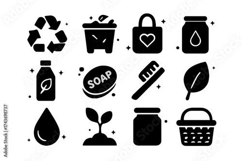 Waste Reduction Icons. Waste reduction. Solid icons set of Waste reduction: recycling arrows, compost bin, reusable bag, refill jar, eco bottle, soap bar,