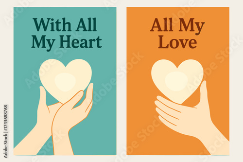 Glowing Heart Banners. Affection. Two vertical A6 banners, minimal, turquoise and orange backgrounds, hands holding a glowing heart, first banner with text