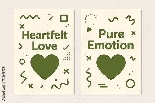 Heartfelt Love Banners. Heartfelt Love. Two vertical A6 banners with safe margins, centered composition, no elements touching edges, memphis style, olive green