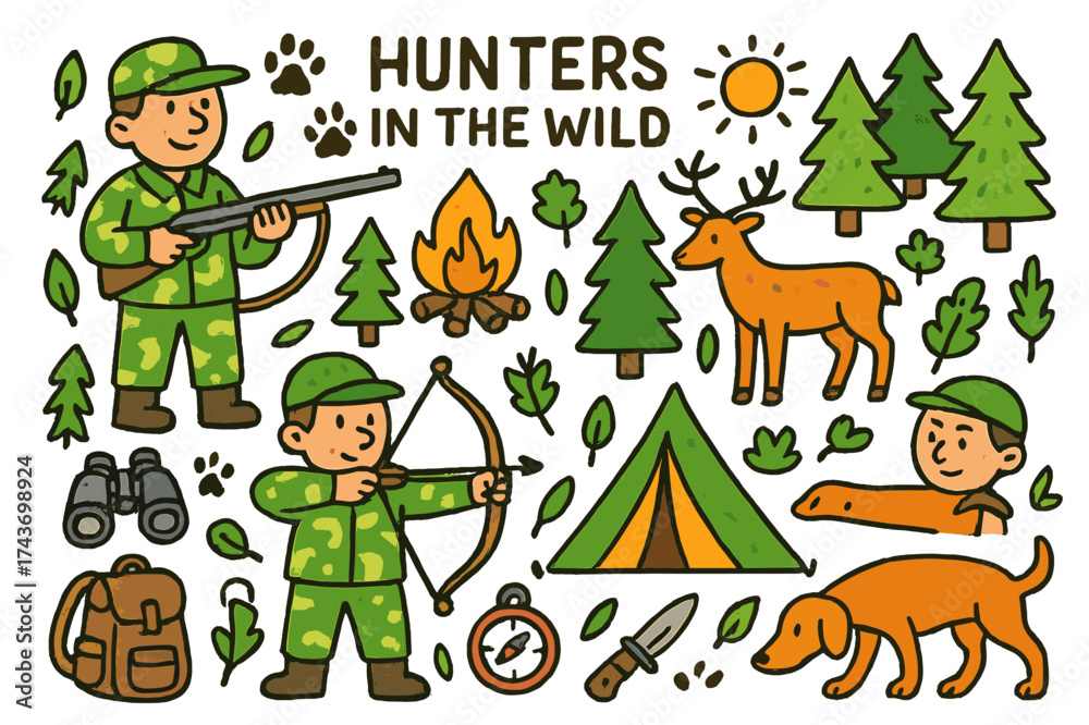 Naklejka premium Children's Hunting Adventure. Hunters in the wild. Colorful Hand-drawn doodle Children illustration Hunter with rifle, camouflage outfit, bow and arrow,