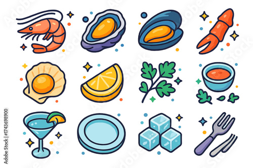 Ocean Delight Icons. Ocean Delights. Colorful isometric vector icons set of ocean delights: shrimp, oyster, mussel, crab leg, scallop, lemon wedge, parsley,