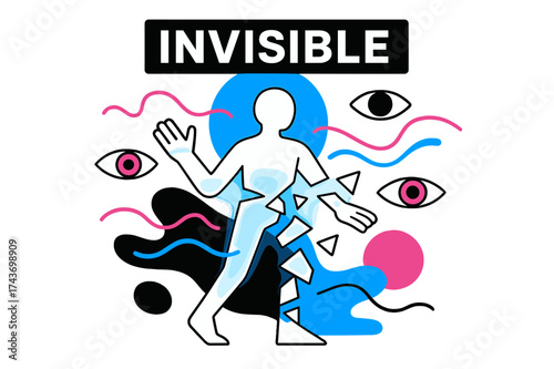 Invisible Essence. Invisibility concept. A glowing human silhouette dissolving into transparent geometric shards, floating eyes and abstract waves remain