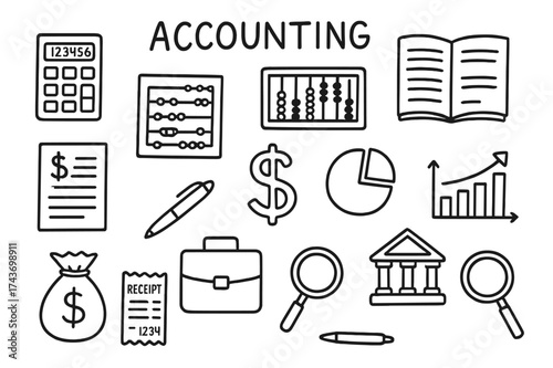 Accounting Doodle Icons. Accounting. Hand-drawn doodle illustration accounting calculator, abacus, ledger, document, pie chart, bar graph, dollar sign, pen,