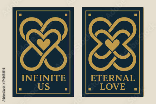 Infinite Love Banners. Infinite Us. Two vertical A6 banners with safe margins, centered composition, no elements touching edges, geometric style, navy and