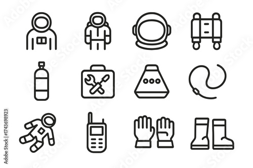 Astronaut Icon Set. Astronaut mission. Line icon set of Astronaut mission: astronaut, space suit, helmet, jetpack, oxygen tank, tool kit, capsule, tether line,