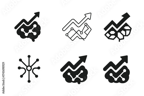 AI Logo Variations. Artificial intelligence in business. Set Logo of predictive analytics: chart arrow over neural network icon. harmonious logo variations of