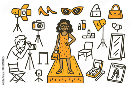 Fashion Doodle Extravaganza. Fashion Shoot. Hand-drawn doodle illustration fashion shoot model (accented), camera, tripod (accented), spotlight, outfit