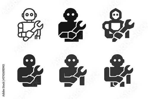 Repair Robot Logos. Robotic maintenance crews. Set Logo of repair robot: humanoid robot holding wrench. harmonious logo variations of the same emblematic