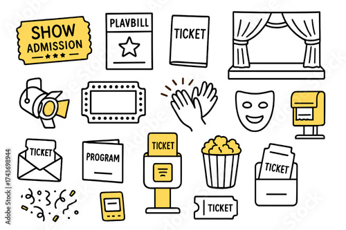 Theater Admission Doodles. Show Admission. Hand-drawn doodle illustration show admission ticket stub (accented), playbill, theater ticket, stage (accented),