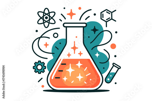 Glowing Laboratory Flask. Glowing Flask. A large measuring flask with liquid glowing from inside, abstract sparks and geometric lab icons orbiting around it.