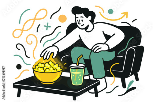 Glowing Movie Snacks. Movie snack time. Glowing popcorn and glowing beverage on a coffee table, person on couch reaching for a snack, abstract floating lines