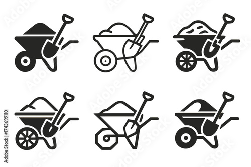 Construction Logo Variations. Wheelbarrow with cement. Set Logo of construction scene: wheelbarrow with shovel resting on side. harmonious logo variations of