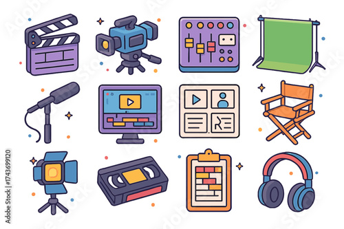 Media Production Icons. Media Production. Colorful isometric vector icons set of Media Production: film clapperboard, TV studio camera, sound mixer, green