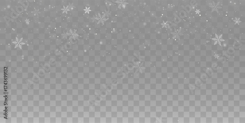 White snowflakes, snowfall vector background transparent. Winter cold weather pattern, flying flakes, frozen particles, frosty air texture, Christmas holiday snow overlay design.
