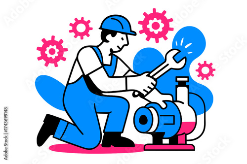 Mechanical Progress Illustration. Machine Installation. A worker connecting mechanical parts with a wrench, glowing gears floating around symbolizing progress.