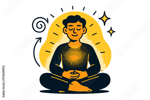 Radiant Meditative Aura. Meditative devotion. Glowing character sitting cross-legged in meditation with radiant aura. Floating icons of spiral, star, and