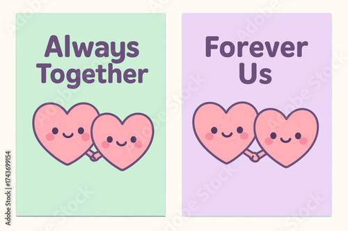 Kawaii Hearts Banners. Always Together. Two vertical A6 banners with safe margins, centered composition, no elements touching edges, kawaii style, pastel mint