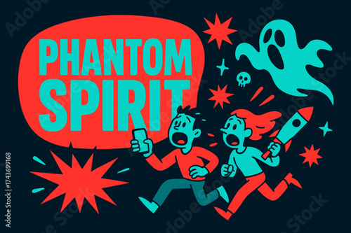 Phantom Spirit Banner. Phantom Spirit banner, flat vector illustration, bold oversized text inside rounded blob, cartoon characters shouting and running,