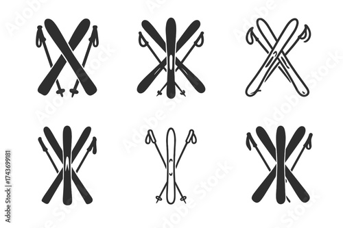 Ski Logo Variations. Skiing. Set Logo of Skiing: ski poles. harmonious logo variations of the same emblematic concept, each with different artistic