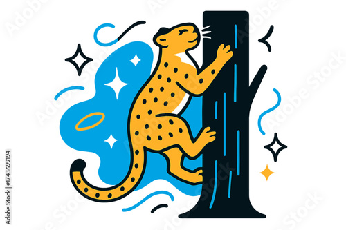Glowing Leopard Ascent. Leopard climbing. A glowing leopard scaling a tree trunk, abstract floating lines, stars, and sparkles symbolizing agility and control.