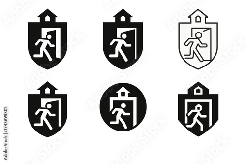 School Safety Logos. Safety in schools and educational institutions. Set Logo of Safety in schools and educational institutions: Emergency exit sign.