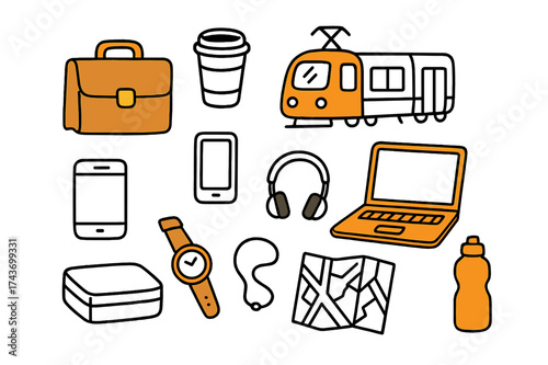 Urban Essentials Doodle. On-the-Go Lifestyle. Hand-drawn doodle illustration briefcase (colored), coffee cup, subway train (colored), smartphone, laptop