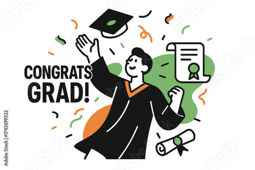 Celebratory Graduation Joy. Graduation Congrats. A graduate throwing their glowing cap in the air, floating confetti and abstract diploma icons surrounding