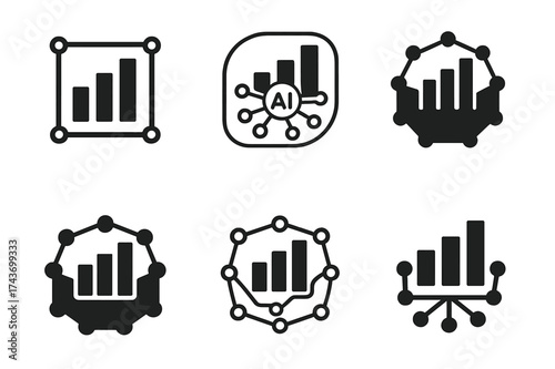 AI Business Logos. Artificial intelligence in business. Set Logo of data analytics: bar graph and AI neural network overlay. harmonious logo variations of the