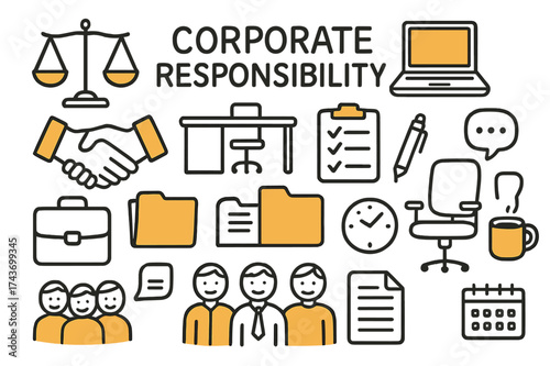 Corporate Responsibility Icons. Corporate Responsibility. Hand-drawn doodle illustration corporate responsibility scales of justice (accented), handshake,