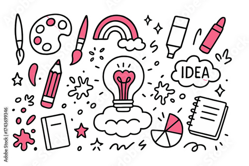 Creative Doodle Exploration. Innovative Mind. Hand-drawn doodle illustration innovative mind light bulb (accented), paint palette, pencil (accented),