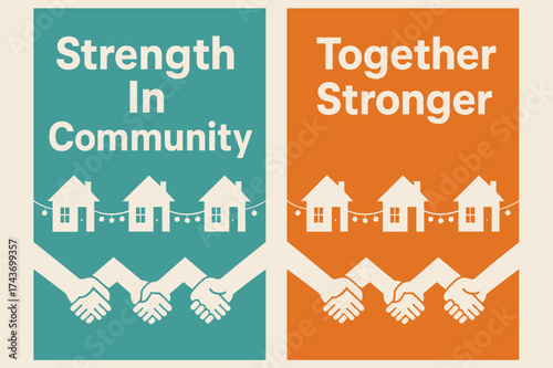 Strength in Community. Community. Two vertical A6 banners, minimal, turquoise and orange backgrounds, row of houses connected by string lights and linked
