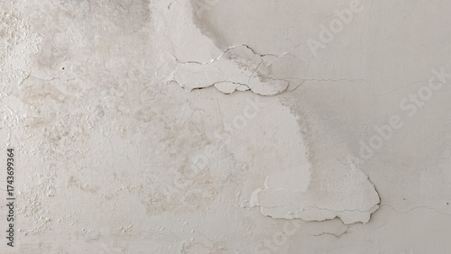 Close-up of a water-damaged ceiling showing damp stains and peeling paint from a roof leak, requiring home repair