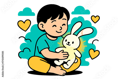 Glowing Bunny Hug. Child with stuffed bunny. A child sitting cross-legged holding a glowing plush bunny with floppy ears, abstract hearts and clouds floating