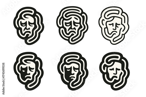 Concept Maze Logos. Twisted labyrinth of suffering. Set Logo of Conceptual art: symbolic torment maze. harmonious logo variations of the same emblematic