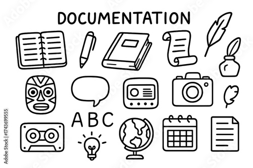 Documentation Doodle Icons. Documentation. Hand-drawn doodle illustration documentation notebook, pen, book, scroll, feather quill, speech bubble, camera, tape