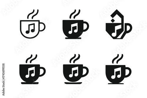Coffee Logo Variations. Coffee tasting notes sheet. Set Logo of Coffee: coffee cup with notes icon. harmonious logo variations of the same emblematic concept,