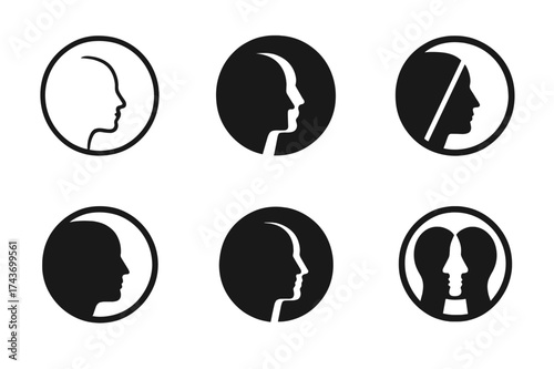 Ego Identity Logos. Ego and identity. Set Logo of human silhouette: profile face within a circle. harmonious logo variations of the same emblematic concept,
