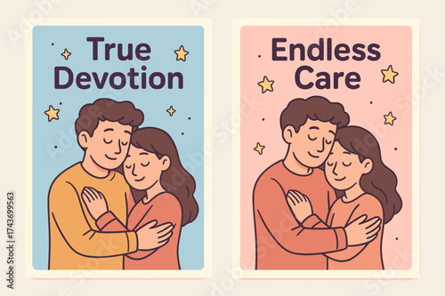 True Devotion Banners. True Devotion. Two vertical A6 banners with safe margins, centered composition, no elements touching edges, cartoon style, pastel blue