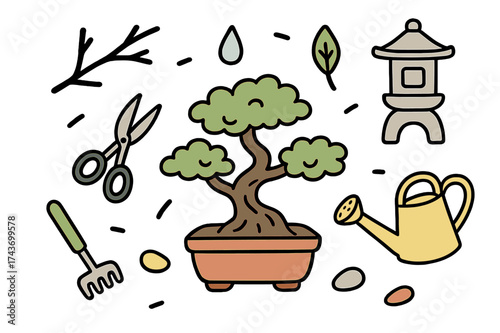 Bonsai Care Tools. Little Bonsai. Hand-drawn doodle illustration bonsai pot (colored), small scissors, tiny rake (colored), bonsai tree, watering can