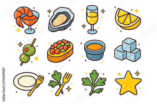 Luxury Dining Icons. Luxury Dining. Colorful isometric vector icons set of luxury dining: shrimp cocktail, oyster, champagne glass, lemon wedge, olive skewer,